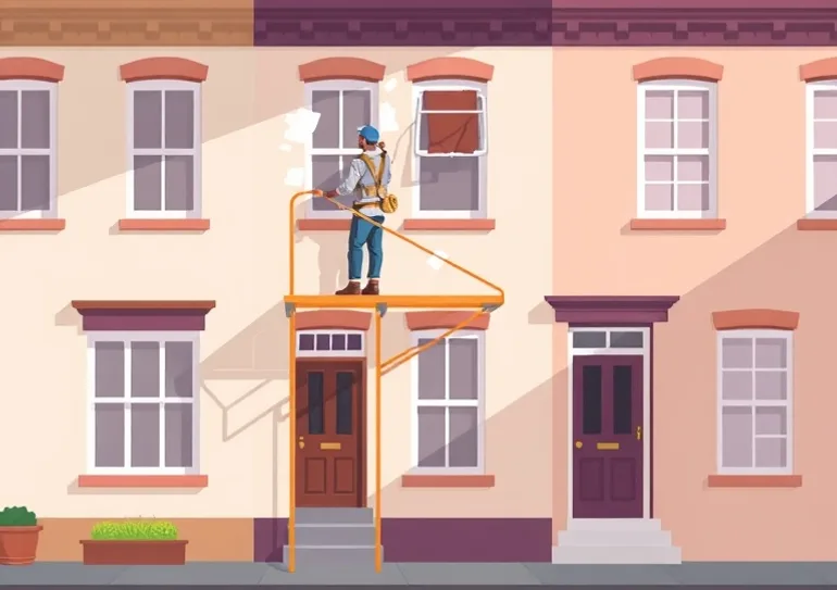 Peintre sur échafaudage traitant la façade d'une maison